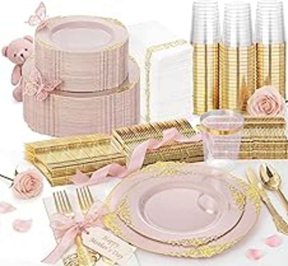 Nervure 350PCS Pink Plastic Plates - Pink Plastic Dinnerware Sets for 50 Guests - 100 Disposable Plates, 150 Gold Silverware, 50 Cups, 50 Napkins Perfect for Wedding & Party & Mothers Day