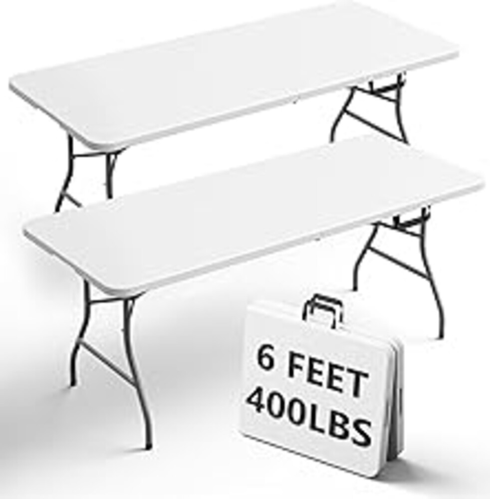 FurniEdge 6FT Folding Table 2 Pack, Heavy Duty Plastic Table with Handel, 400 lbs Portable Table, Reinforced Steel Legs, Fold-in-Half Table Ideal for Parties, Picnics, Weddings, Camping White