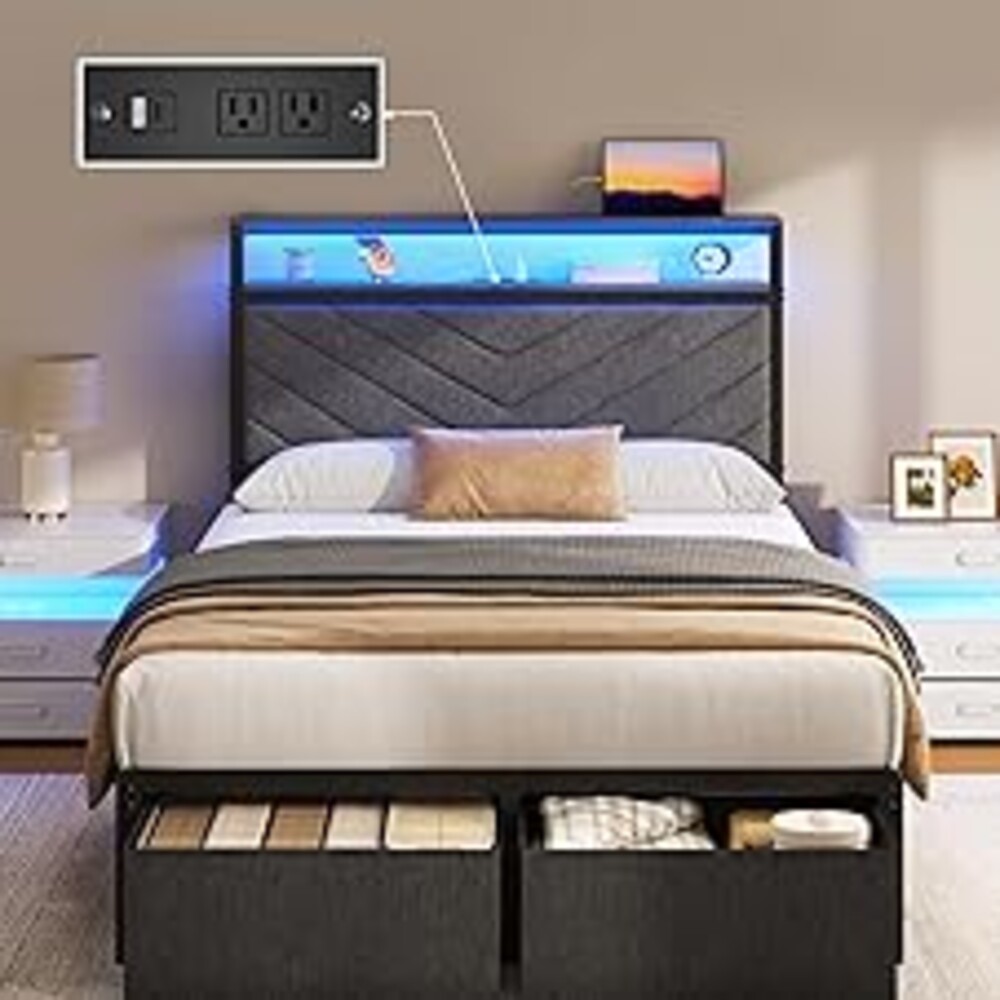Fluest Twin Bed Frame with Storage Drawers, Upholstered Headboard with Charging Station, LED Lights, Fabric Drawers with Wheels, Under Bed Storage, No Box Spring Needed, Easy Assembly, Grey