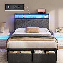 Fluest Twin Bed Frame with Storage Drawers, Upholstered Headboard with Charging Station, LED Lights, Fabric Drawers with Wheels, Under Bed Storage, No Box Spring Needed, Easy Assembly, Grey