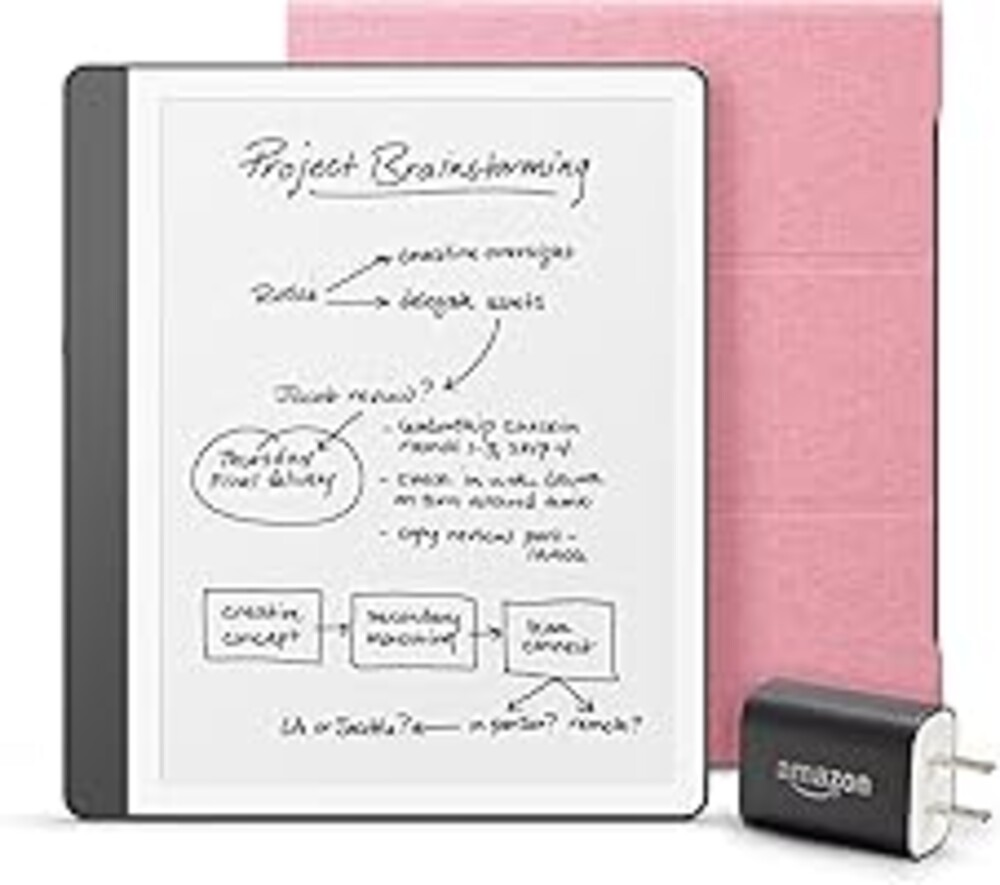 New Amazon Kindle Scribe Essentials Bundle including New Kindle Scribe (16GB) - Tungsten, Premium Pen, Fabric Folio-Rose, and Power Adapter