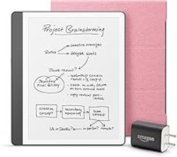 New Amazon Kindle Scribe Essentials Bundle including New Kindle Scribe (16GB) - Tungsten, Premium Pen, Fabric Folio-Rose, and Power Adapter