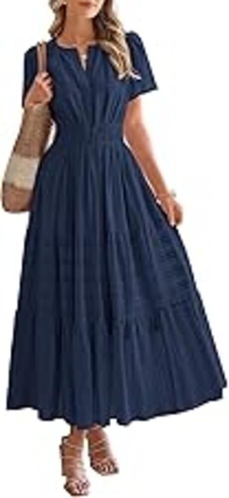 BTFBM Womens Summer 2026 Casual Midi Maxi Dresses Lightweight Short Sleeve V Neck Elastic Waist Boho Beach Dress Pockets