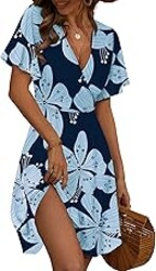 FENSACE Womens Sundress Summer Floral Short Sleeve Wrap V Neck A-Line Midi Dress