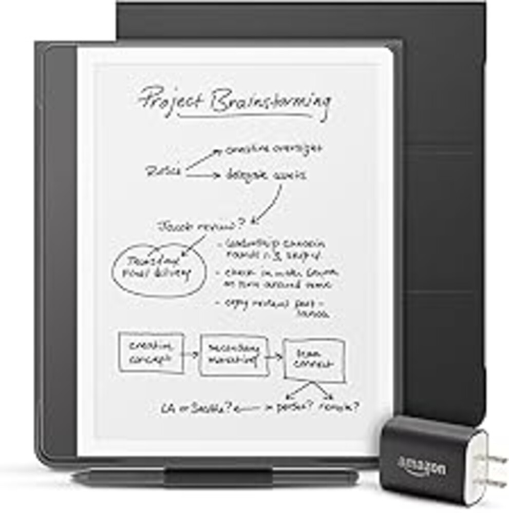 Amazon Kindle Scribe Essentials Bundle including Kindle Scribe (64GB) - Tungsten, Premium Pen, Plant-Based Leather Folio-Black, and Power Adapter