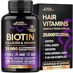 Biotin | Collagen | Hyaluronic Acid | Keratin - Support Normal Hair Growth Cycle, Skin & Nails - Clinically Tested - 25000mcg Vitamins B1, B2, B3, B6 & B7 - for Women & Men - Made in USA | 60 Capsules