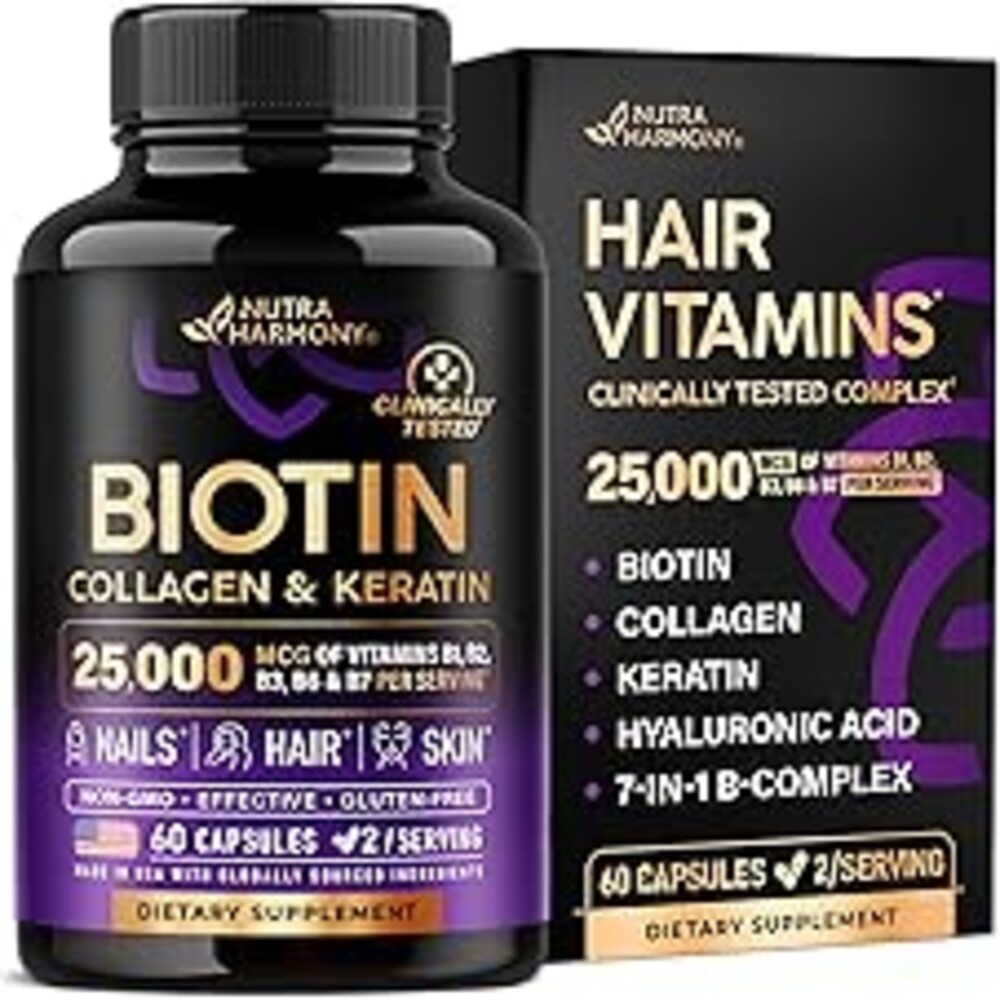 Biotin | Collagen | Hyaluronic Acid | Keratin - Support Normal Hair Growth Cycle, Skin & Nails - Clinically Tested - 25000mcg Vitamins B1, B2, B3, B6 & B7 - for Women & Men - Made in USA | 60 Capsules