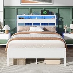 Furnulem Full Size Bed Frame with LED Light and Charging Station, Wood Storage Headboard with 2-Tier Shelves, Metal Platform Bed with Heavy Duty Slats Support, No Box Spring Needed, White
