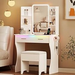 Vanity Desk with LED Lights Mirror & Power Outlet, Small Makeup Vanity Table Set with Storage Drawers & Chair, 3 Lighting Modes & Adjustable Brightness, Dressing Table for Women Girls Bedroom, White