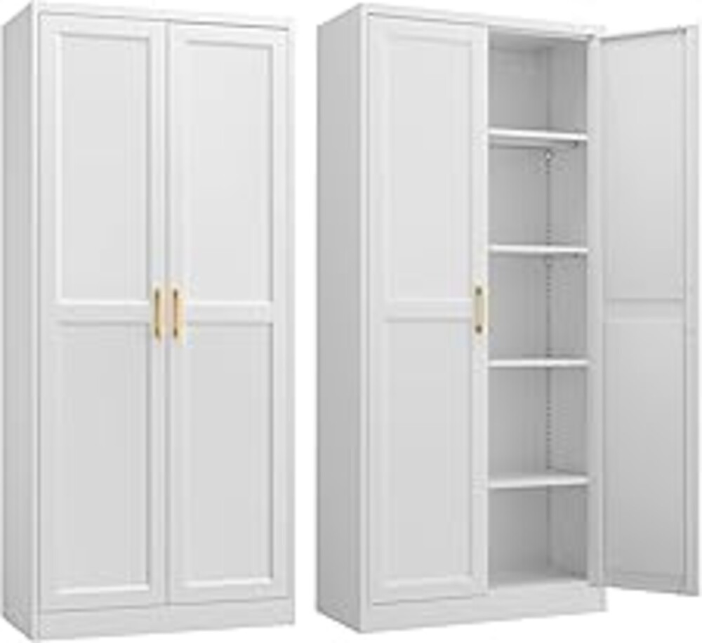 SteeLoong Kitchen Pantry Cabinet,71”White Metal Pantry Storage Cabinet with Doors and 4 Adjustable Shelves,Kitchen Cabinet with 2 Gold Handles,Tall Cabinet for Livingroom,Pantry, Bathroom,Kitchen