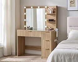 AMERLIFE 36.2" Fluted Vanity Desk with Mirror and Adjustable LED Lights, Large 4 Drawers Makeup Vanity Table with Glass Top, Dressing Table for Women and Girls, Bedroom/Dorm/Bathroom, Natural Oak