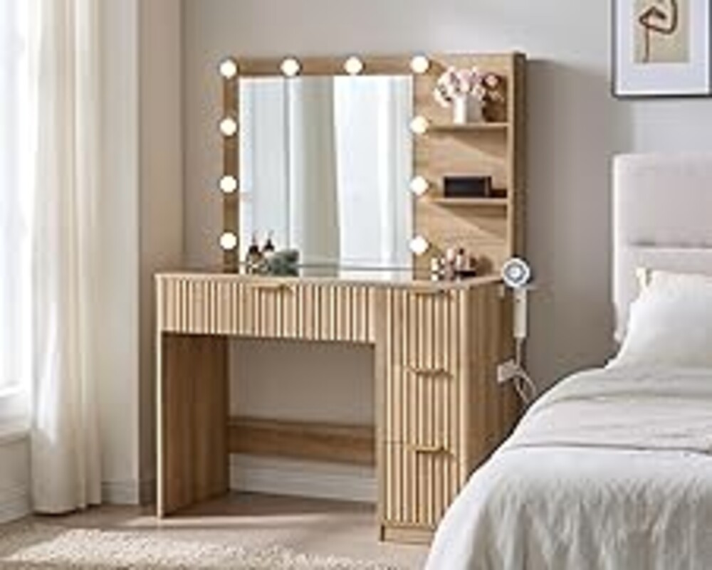 AMERLIFE 36.2" Fluted Vanity Desk with Mirror and Adjustable LED Lights, Large 4 Drawers Makeup Vanity Table with Glass Top, Dressing Table for Women and Girls, Bedroom/Dorm/Bathroom, Natural Oak