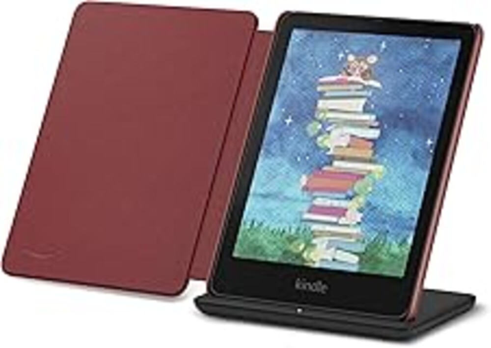 Introducing Amazon Kindle Colorsoft Signature Edition Essentials Bundle including Kindle Colorsoft Signature Edition (32GB)- Black, Premium Leather Cover-Ruby and Wireless Charging Dock