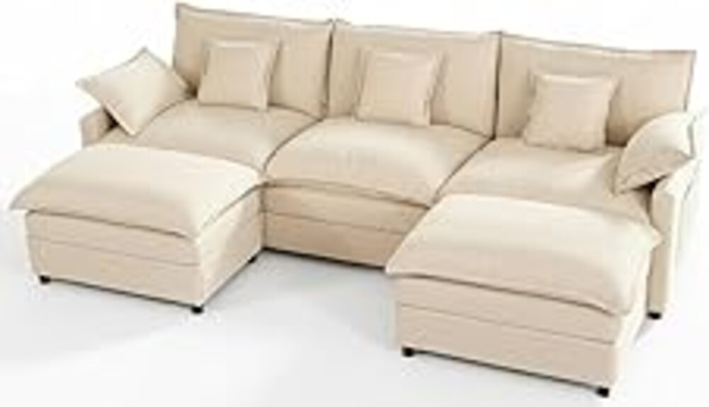 GOSUHI 108" U Shaped Couch, Modular Sectional Sofa, 3-Seater Comfy Cloud Couch, Set of Modular Pieces with Movable Ottoman, Deep Seat Couches for Living Room, Linen, Beige