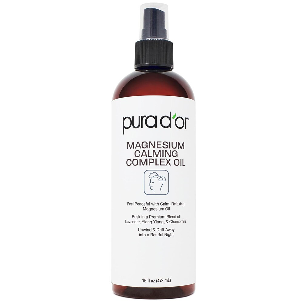 PURA D'OR Magnesium Calming Complex Oil Spray, 16 Oz, Topical Magnesium Chloride Mist with Aloe Vera, Lavender, Chamomile, Ylang Ylang, Lightweight Water-Based Body Care Formula, Vegan, Non-Greasy