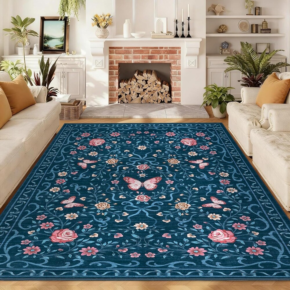 GarveeHome 8x10 Area Rugs for Living Room Washable Rugs Non Slip Stain Resistant Bedroom Floral Rugs Low Pile Soft Dining Room Throw Carpet Blue Bow Large Carpet for Home Office Decor, 8x10