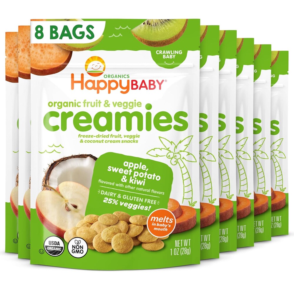 Happy Baby Organic Creamies Freeze Dried Fruit, Veggie, & Coconut Cream Snacks, with Apple, Sweet Potato, and Kiwi, Made for Crawling Baby, 1 Ounce (Pack of 8)