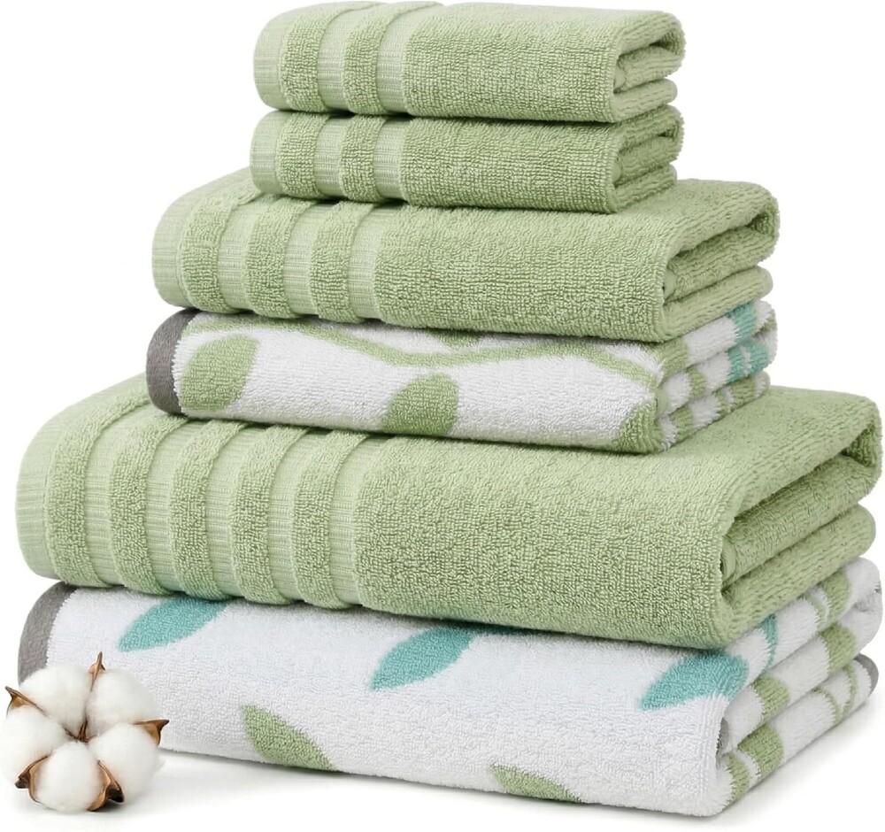 Modern Threads Natural Vine 6-Piece 100% Cotton Towel Set – Yarn Dyed Jacquard – Includes 2 Bath Towels, 2 Hand Towels, 2 Washcloths – Absorbent, Quick Dry, Soft & Durable – Sage Green