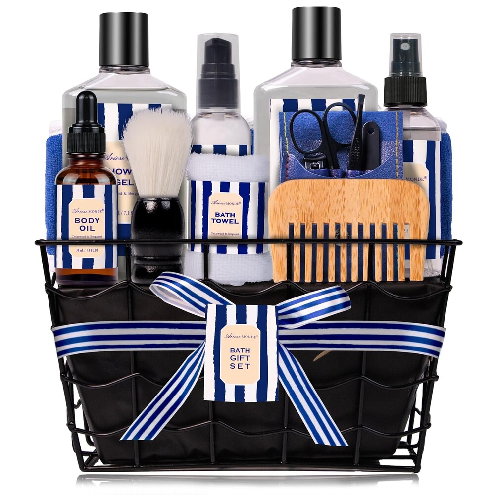 Fathers Gifts for Men Dad Bath and Body Gift Sets for Men with 10 Pcs Cedar & Bergamot Spa Gifts Set, Bath Gift Set Includes Beard Balm, Bubble Bath.Perfect Relaxation Spa Gift Basket for Men