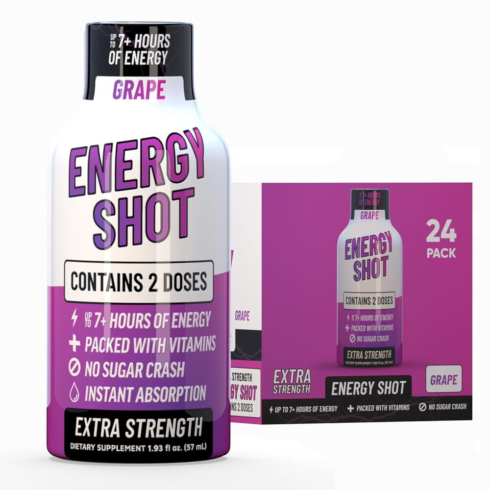 Grape Extra Strength Energy Shot 24 pk – 260mg Natural Caffeine B12 B6 – Energy & Focus Support – 2 Servings Sugar Free Zero Calorie Green Tea B-Vitamins Electrolytes Vegan – 1.93 fl oz