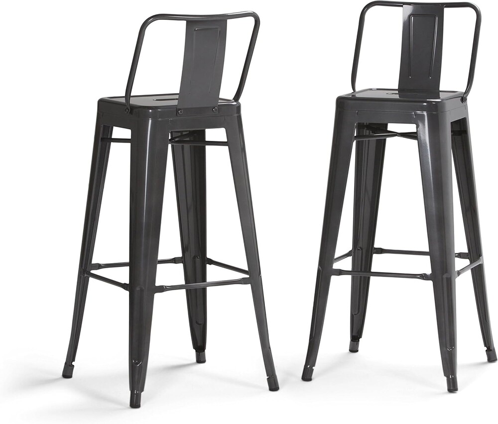 SIMPLIHOME Rayne Bar Stools (Set of 2) - 30 inch Seat Height Industrial Metal Chairs in Grey, Contemporary Seating for Kitchen or Bar with Curved Back, Under-Seat Cross Brace, and Footrest