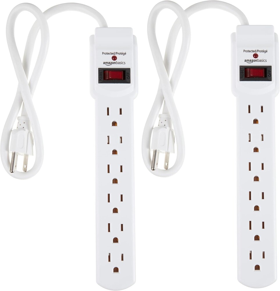 Amazon Basics Surge Protector Power Strip, 6-Outlet with 200J Protection, 2ft Extension Cord, Rectangle, White (2 Pack)