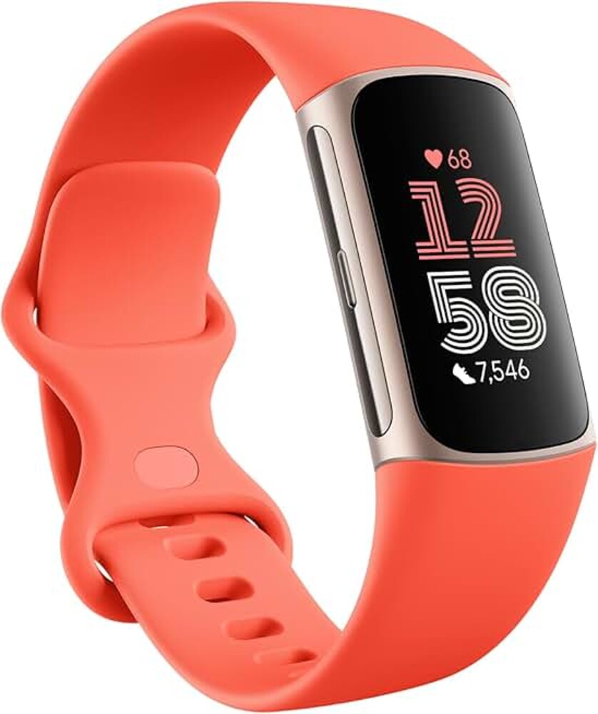 Fitbit Charge 6 Fitness Tracker with Google apps, Heart Rate on Exercise Equipment, 6-Months Premium Membership Included, GPS, Health Tools and More, Gold/Coral, One Size (S &amp; L Bands Included)