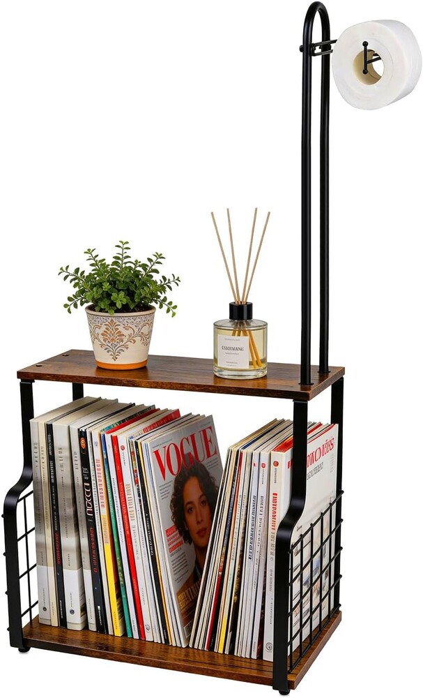 Bathroom Toilet Paper Holder with Storage Shelf, Wall Mount Toilet Paper Holder Stand with Metal Basket, Bathroom Tissue Storage Organizer for Rolls, Magazines， Phone & Shower Essentials