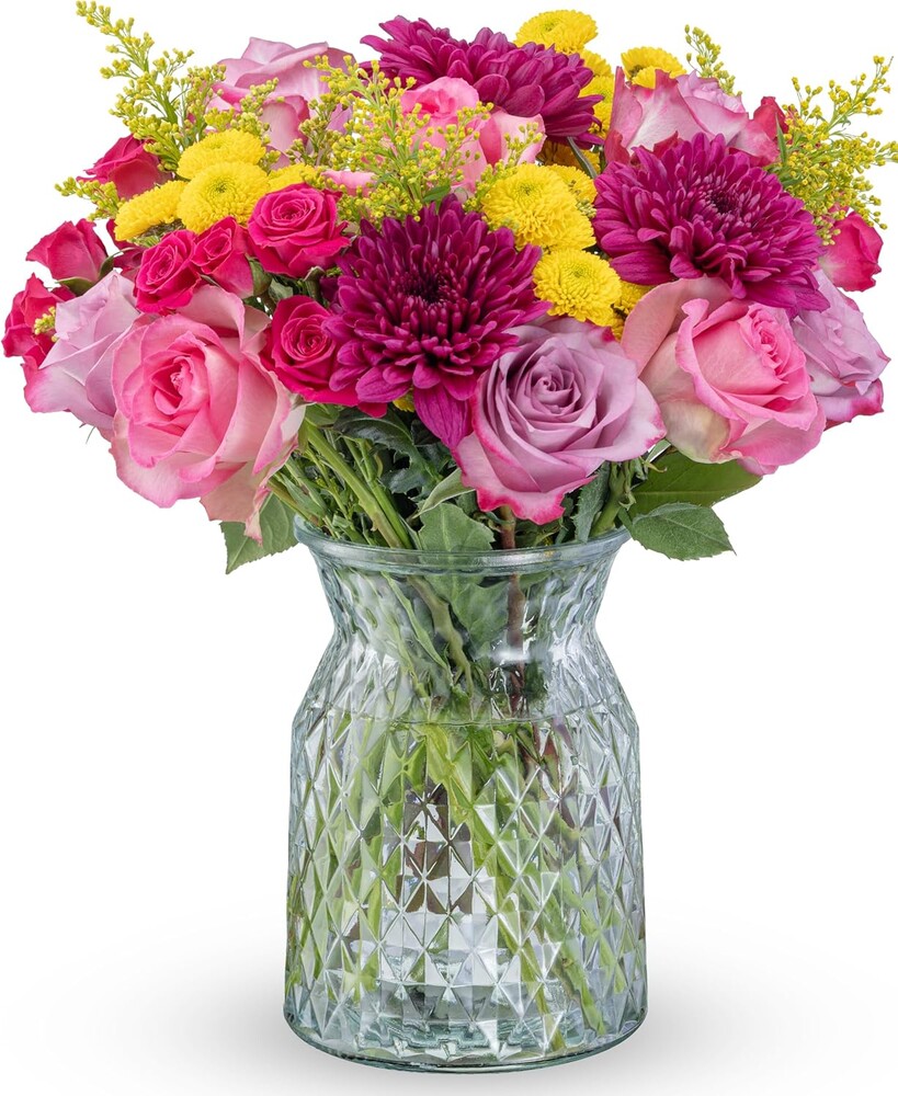 Benchmark Bouquets Mothers Day Mixed Bouquet – Real Fresh Flowers for Delivery – Mothers Day Flowers for Mom – Premium Rose Floral Arrangement with Keepsake Glass Vase - Gifts for Mom