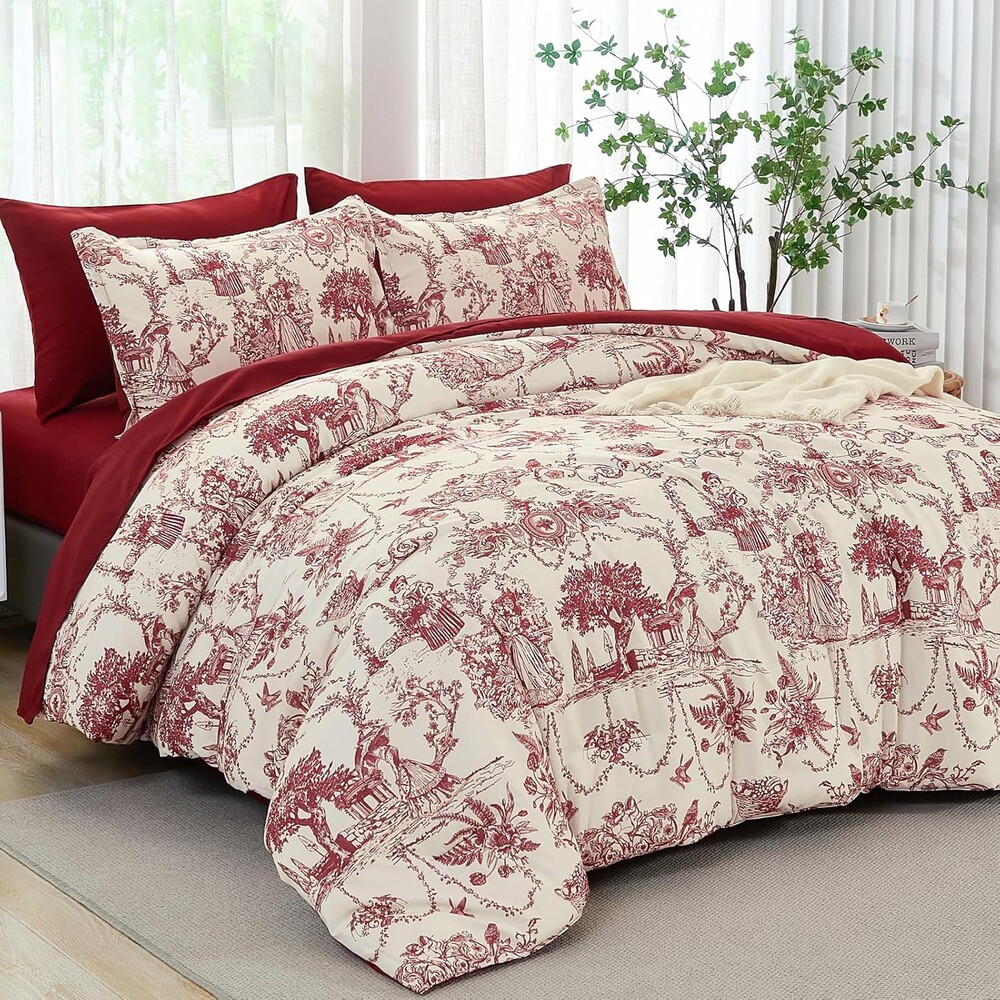 Xruibed Red Comforter Set King 7 Piece Bed in a Bag Toile de Jouy Botanical Comforter with Sheet Set Soft Micorfiber Bedding Set (1 Comforter,2 Pillow Shams,1 Flat Sheet,1 Fitted Sheet,2 Pillowcases)