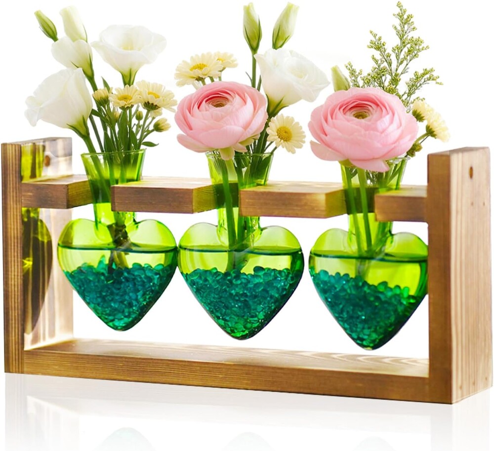 Nacome Plant Terrarium Propagation Stations: Mothers Day Gifts for Mom Plant Lovers Women Wife Daughter - 3 Bulb Glass Vase with Wooden Stand Tabletop for Hydroponics Home Garden Decor(Green)