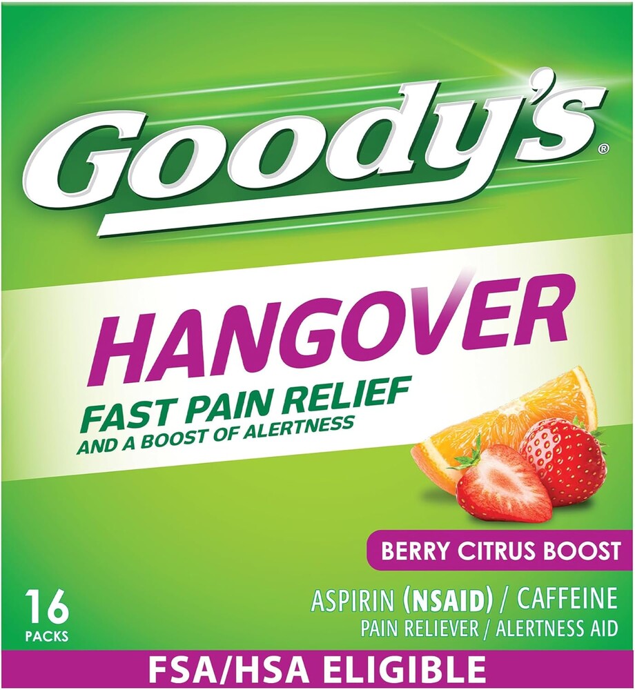 Goody's Hangover Relief Powder, Dual Action Fast Headache Pain Relief with Aspirin and Caffeine, Berry Citrus Flavor, 16 Count