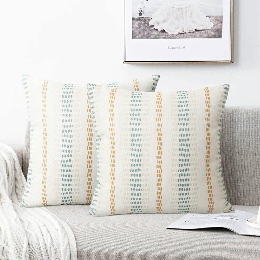 Pyonic Farmhouse Throw Pillow Covers 18x18 Inch Decorative Striped Linen Pillow Covers Geometric Square Pillowcases for Couch Sofa Chair Bedroom Modern Decor,Pack of 2