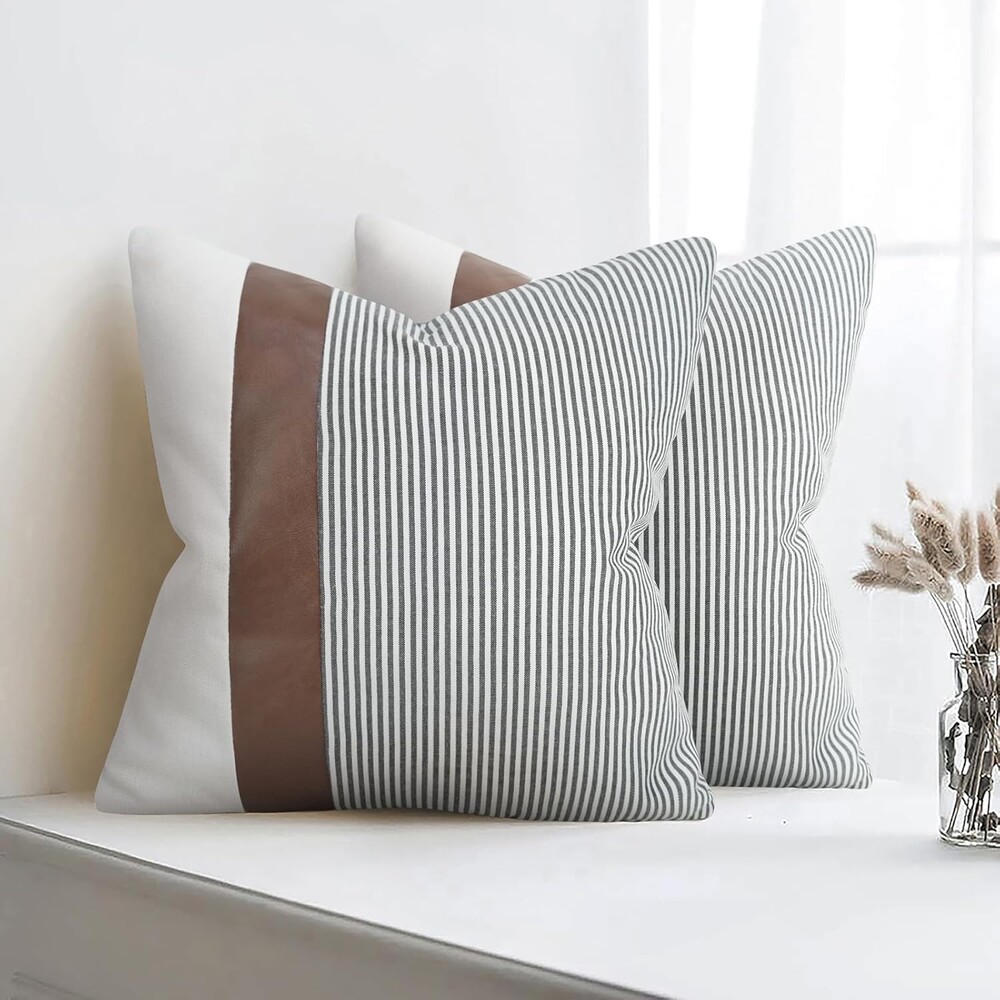 Modern Farmhouse Decorative Throw Pillow Covers 16x16 Set of 2 Black Striped Linen and Faux Leather Pillow Covers for Couch Sofa Bedroom Livingroom Neutral Accent Cozy Cushion Covers