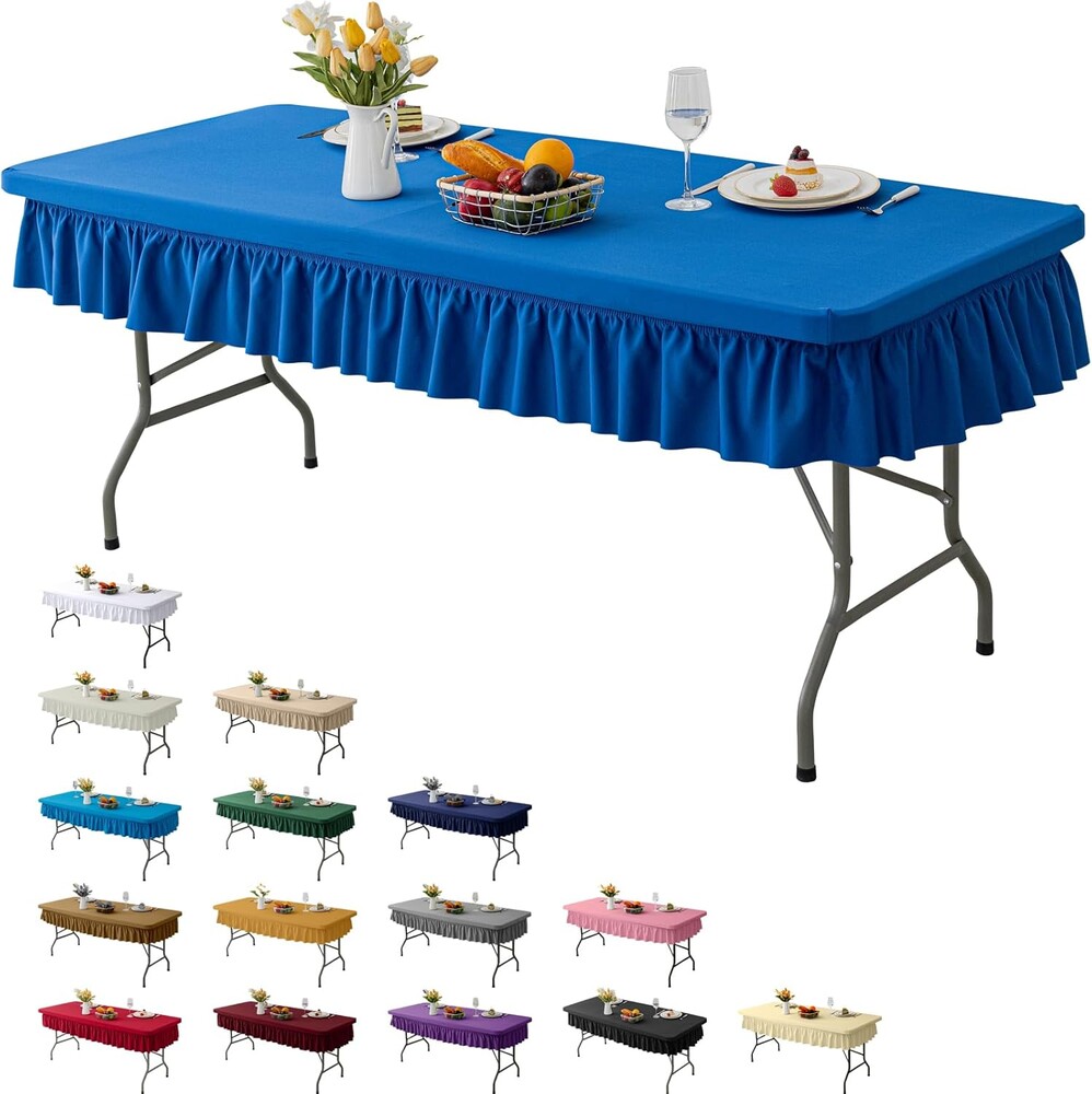 8ft Dark Blue Stretch Tablecloth for Rectangular Tables - Flared Wrap Design, Waterproof, Wrinkle-Resistant, Washable - Ideal for Weddings, Parties, Banquets & Table Protection