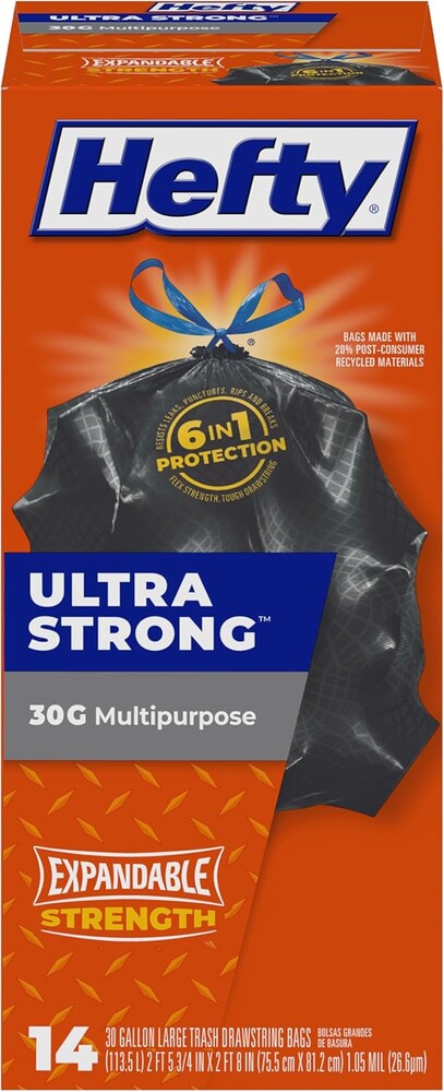 Hefty Strong Large Trash Bags, Black, 30 Gallon, 14 Count