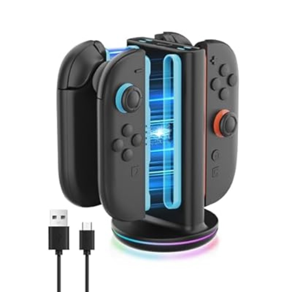 RunSnail Charging Dock for Nintendo Switch 2 JoyCon, Fast Dual-Side Charging, 9 RGB Light Modes, Magnetic Plug-in Joy Con Charger Stand with USB-C Cable, Black