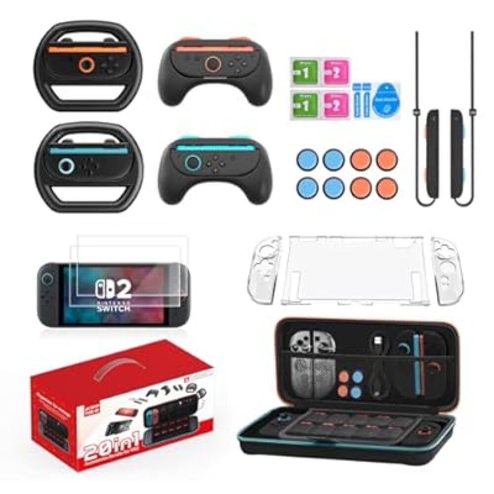 JCMO 20 IN 1 Switch 2 Accessories Case Bundle for Nintendo Switch 2 (2025): Carrying Case,Console Protective Cover,HD Screen Protector,Grips for Joycons Controller,FPS Mouse Grip,Steering Wheel for Mario Kart