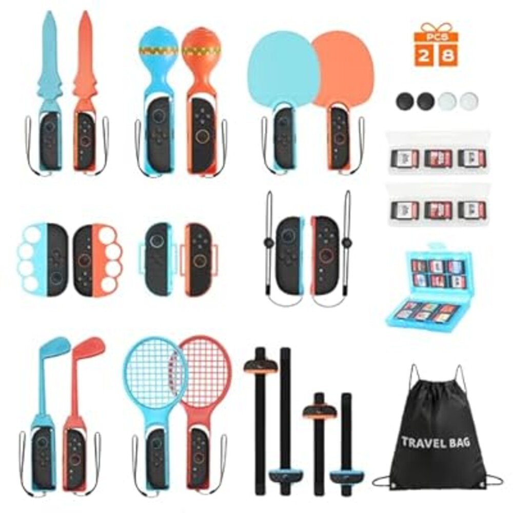 kurtmark 28-in-1 Switch Sports Accessories for Nintendo Switch 2 Sports Games, Family Bundle with 36-Game Card Storage, 2 Tennis & Table Tennis Rackets, 2 Golf Clubs, 2 Swords & Large Carrying Case