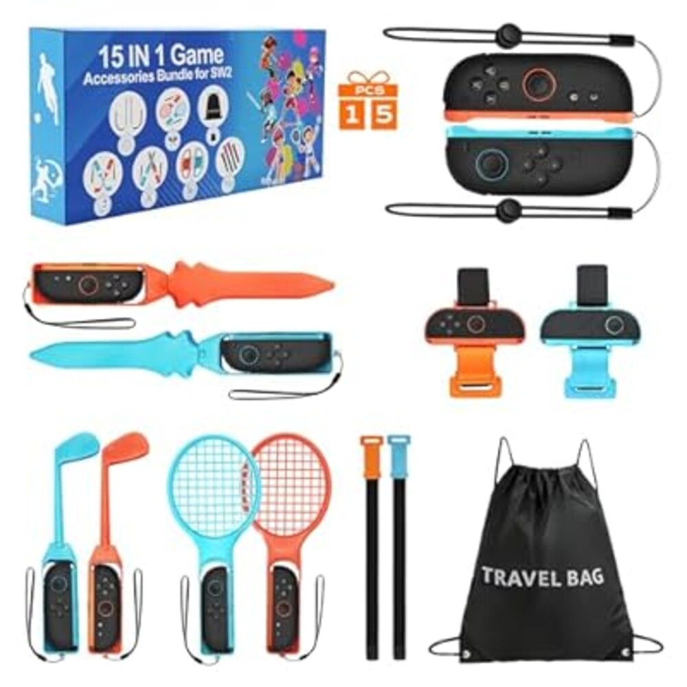 kurtmark 15-in-1 Switch Sports Accessories Bundle for Nintendo Switch2 Sports Games, Family Sports Bundle for Nintendo Switch 2 with 2 Tennis Rackets, 2 Golf Clubs, 2 Swords & Carrying Case