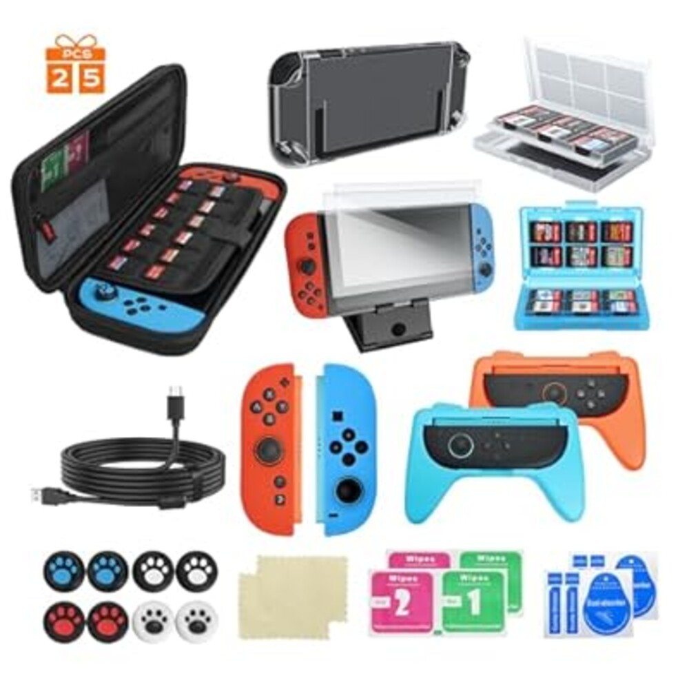 kurtmark Switch 2 Accessories, 25-in-1 Bundle with 37-Game Card Case, 5.9ft Data Cable, Case and Screen Protector, Complete Switch 2 Accessories Case