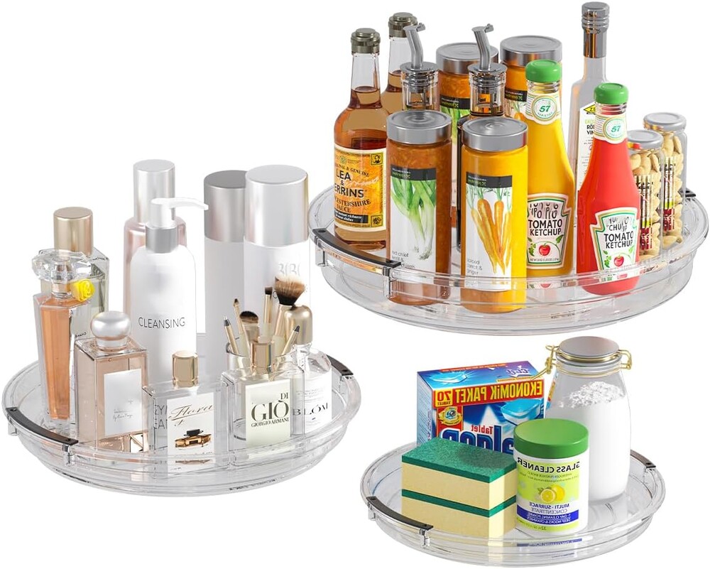 KEGFRE 3 Pack Lazy Susan Organizer, Rotating Turntable Spice Rack for Kitchen Storage, Pantry, Cabinet, Fridge & Countertop, Condiment & Seasoning Holder, 9.25", 10.6", 12", Clear