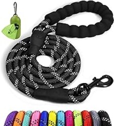 Taglory Rope Dog Leash 6 FT with Comfortable Padded Handle, Highly Reflective Threads Leash and Anti-Tangle Clip for Walking Medium Large Dogs, 1/2 inch, Black