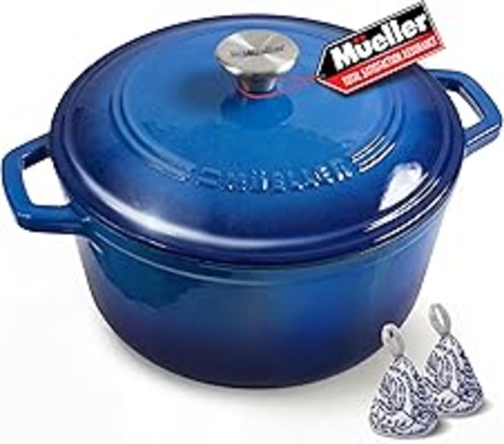 Mueller 6qt Enameled Cast Iron Dutch Oven, Heavy-Duty Casserole and Braiser Pan with Lid and Knob, Oven-Safe up to 500° F & Across All Cooktops, Aqua Blue
