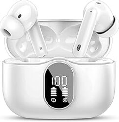 Wireless Earbuds, Bluetooth 5.4 Headphones Bass Stereo/Clear Calls, White | Ear Buds with Noise Cancelling Mic LED Display in Ear Earphones IP7 Waterproof 36H Bluetooth Earbuds for Phones/Sport/Laptop