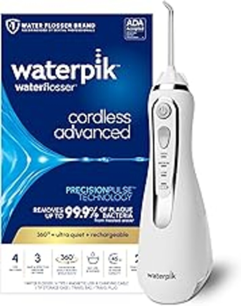 Waterpik Cordless Advanced Portable Water Flosser, Rechargeable, White | 3 Settings, 4 Tips, Travel Bag, for Gums, Teeth, Dental Braces, Implants, Shower Use ADA Accepted WP-580 Packaging May Vary