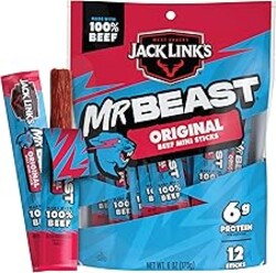 Jack Link's x MrBeast Original Mini Beef Jerky Sticks - Individually Wrapped Protein Snacks - 6g Protein per Serving - Made with 100% Real Beef - (12 Pack) 0.5 oz Meat Sticks