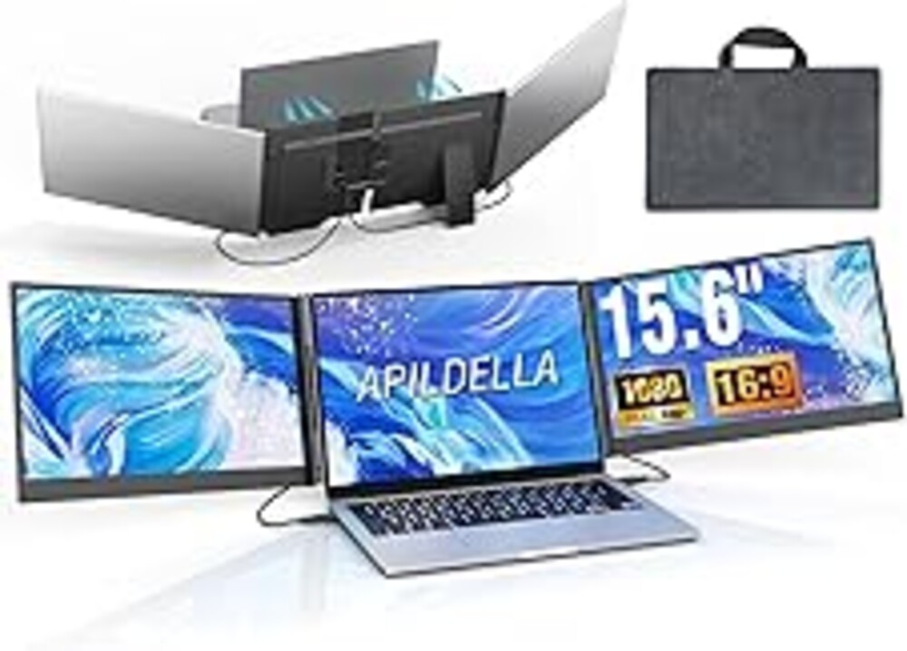 APILDELLA 15.6’’ Triple Laptop Screen Extender, 1080P FHD Portable Dual Monitor for Laptop USB C HDMI, Plug-Play Monitor Extender for Triple Display for Mac/Windows, Fit 13”-17.3” Laptops
