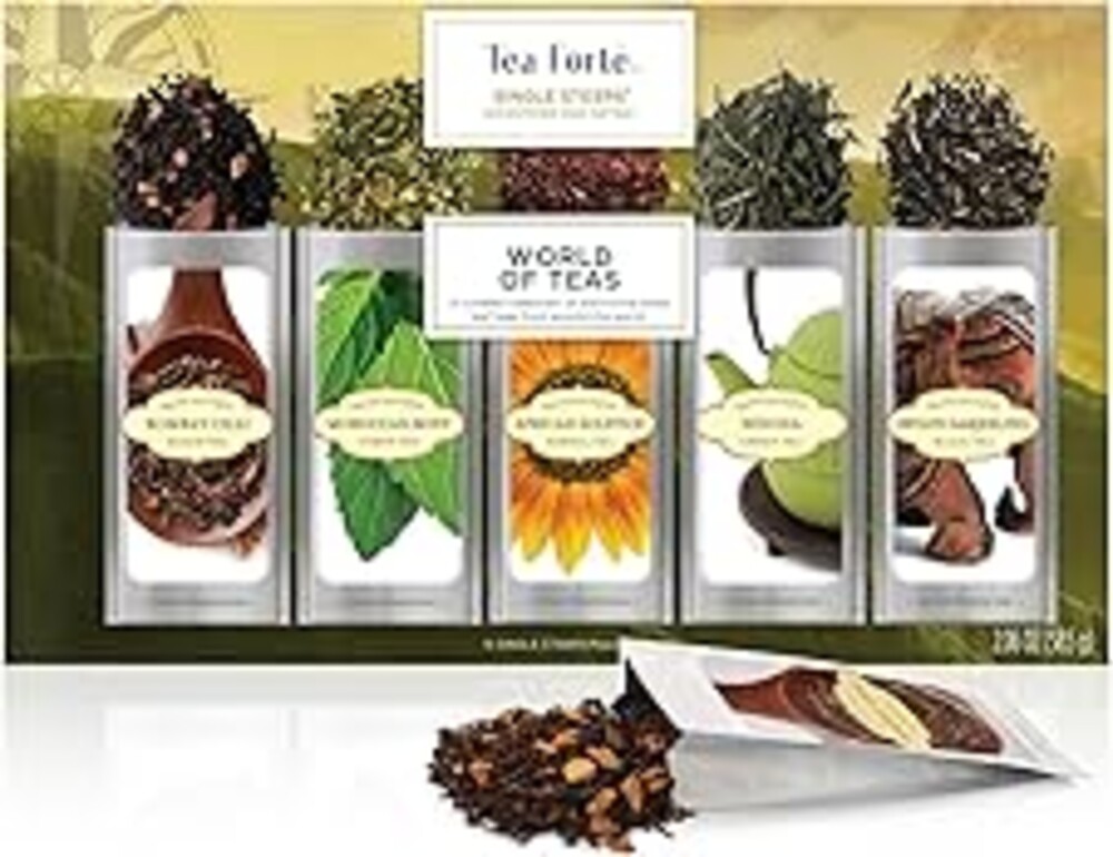 Tea Forte Single Steeps Loose Leaf Tea Sampler, Assorted Variety Tea Box, 15 Single Serve Pouches, Gifts for Mom, World of Teas Tea