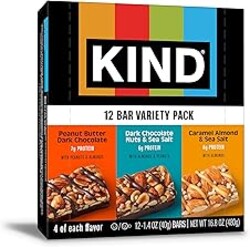 KIND Healthy Snacks Bars Variety Pack, Gluten Free, Low Sugar, High Fiber Snacks, Dark Chocolate Nuts & Sea Salt, Peanut Butter Dark Chocolate, Caramel Almond & Sea Salt, 6-7g Protein, 12 Count